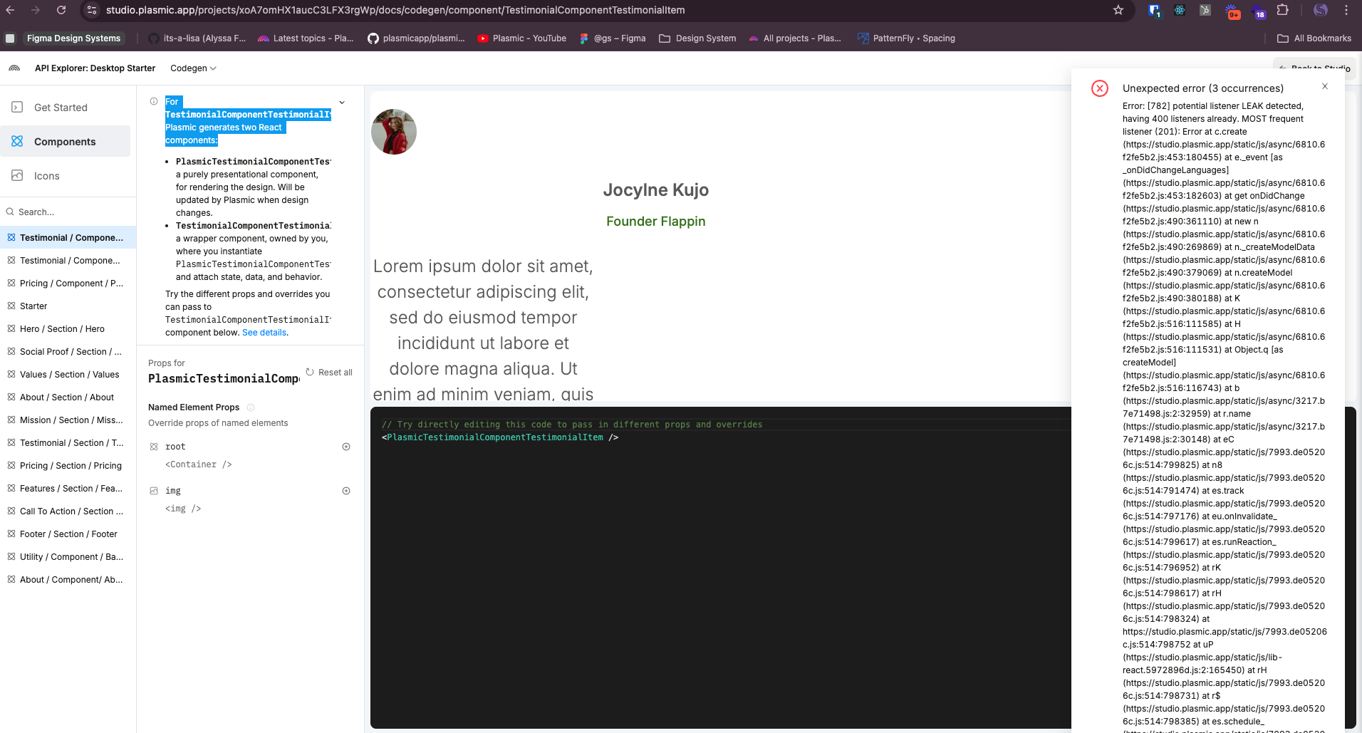 Really long error opening component in the Component API Explorer ...